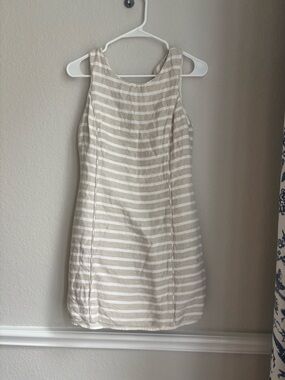 Sleeveless Beige and White Striped Shift Dress